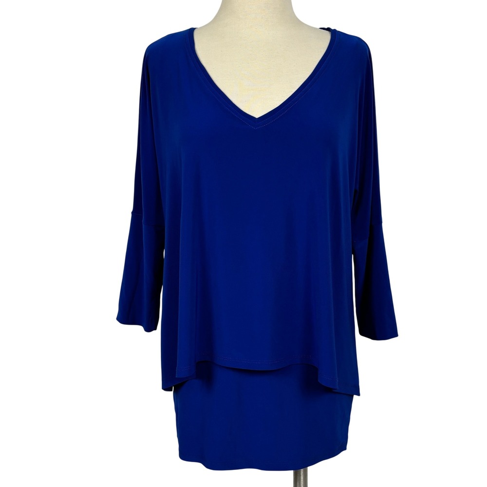 Joseph Ribkoff Blue Layered Blouse Tunic Top Womens 6 Asymmetrical V Neck